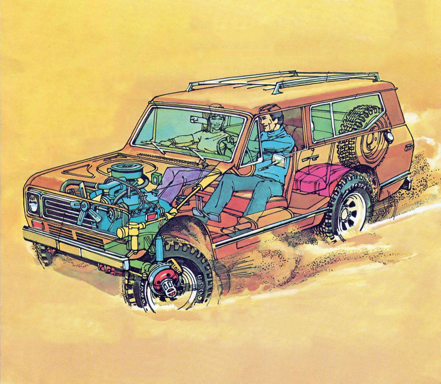 Hybrid illustration of 1978 International Harvester Scout interior/exterior